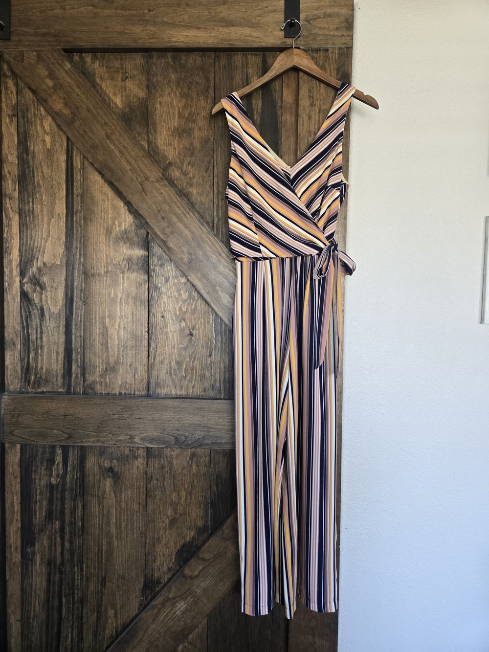 Speechless Multi-Stripe Sleeveless Wrap Jumpsuit in Navy, Yellow & Pink